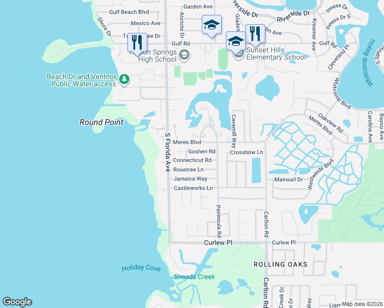 map of restaurants, bars, coffee shops, grocery stores, and more near 1019 Goshen Road in Tarpon Springs