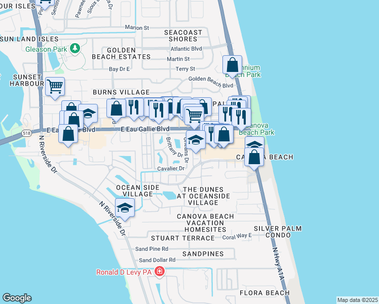 map of restaurants, bars, coffee shops, grocery stores, and more near 3388 Cutty Sark Way in Indialantic