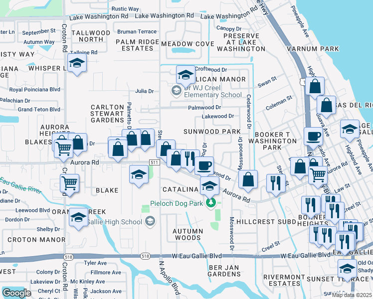map of restaurants, bars, coffee shops, grocery stores, and more near 178 San Juan Circle in Melbourne