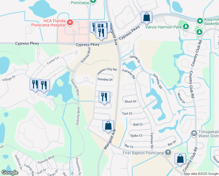 map of restaurants, bars, coffee shops, grocery stores, and more near 318 Clearwater Lane in Kissimmee