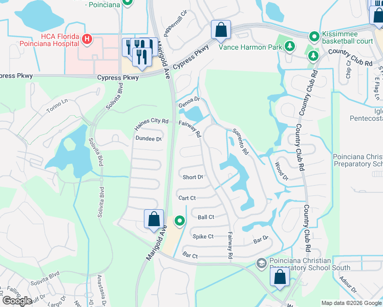 map of restaurants, bars, coffee shops, grocery stores, and more near 432 Long Drive in Kissimmee