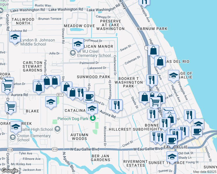 map of restaurants, bars, coffee shops, grocery stores, and more near 1252 Ridgewood Drive in Melbourne