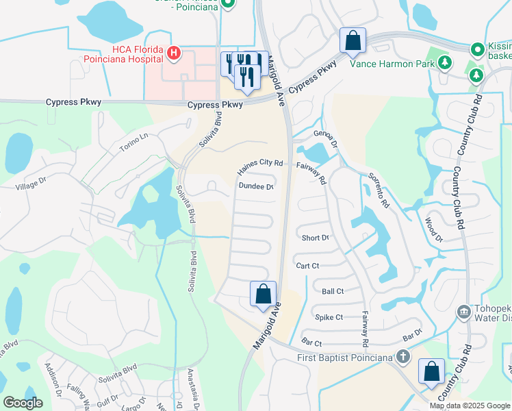 map of restaurants, bars, coffee shops, grocery stores, and more near 318 Clearwater Lane in Kissimmee