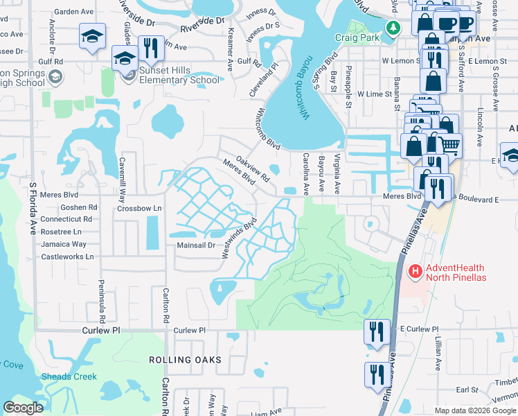 map of restaurants, bars, coffee shops, grocery stores, and more near 808 Compass Circle in Tarpon Springs