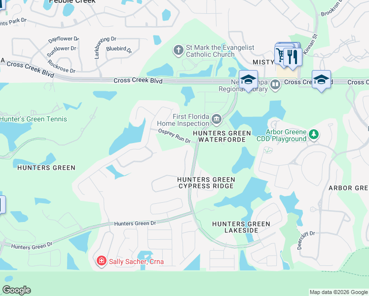 map of restaurants, bars, coffee shops, grocery stores, and more near 17822 Hickory Moss Place in Tampa