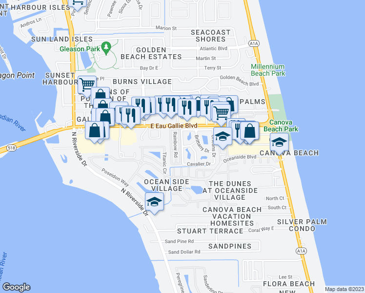 map of restaurants, bars, coffee shops, grocery stores, and more near 1897 Island Club Drive in Melbourne