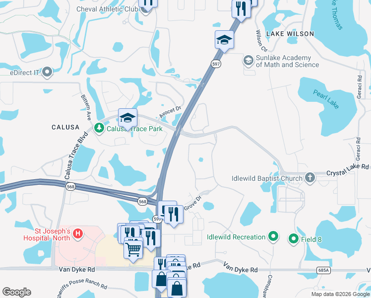 map of restaurants, bars, coffee shops, grocery stores, and more near 18232 Leafmore Street in Lutz