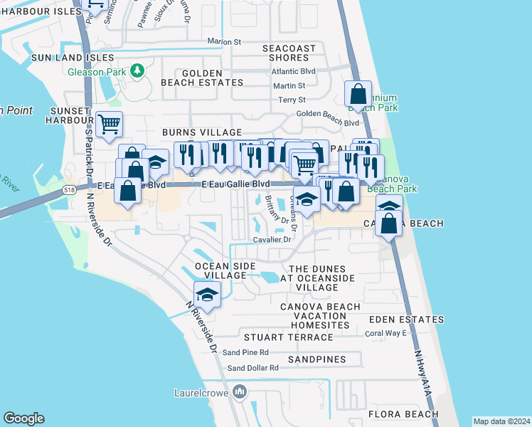 map of restaurants, bars, coffee shops, grocery stores, and more near 1899 Brittany Drive in Melbourne