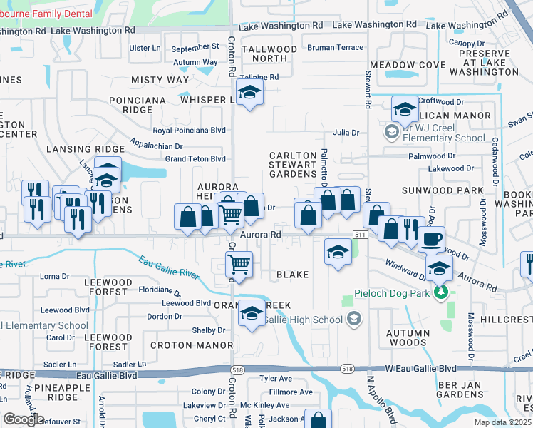 map of restaurants, bars, coffee shops, grocery stores, and more near 1161 Carlton Drive in Melbourne