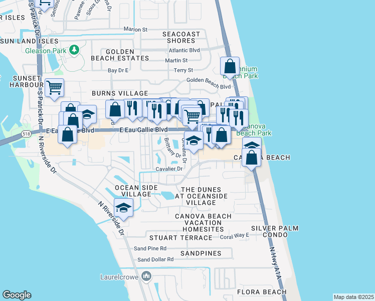 map of restaurants, bars, coffee shops, grocery stores, and more near 3418 Cutty Sark Way in Indialantic