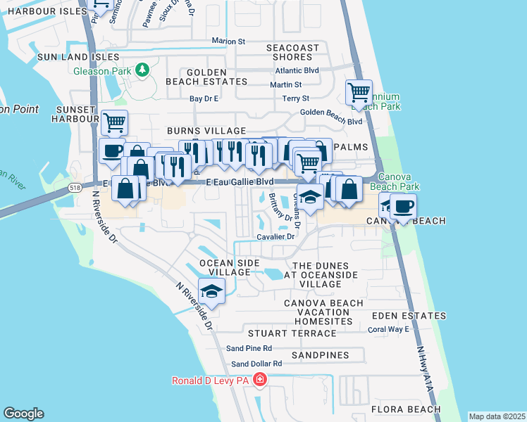 map of restaurants, bars, coffee shops, grocery stores, and more near 701 Island Court in Melbourne