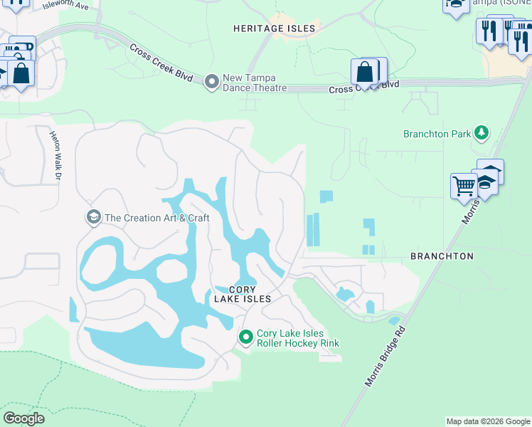 map of restaurants, bars, coffee shops, grocery stores, and more near 18001 Malakai Isle Drive in Tampa