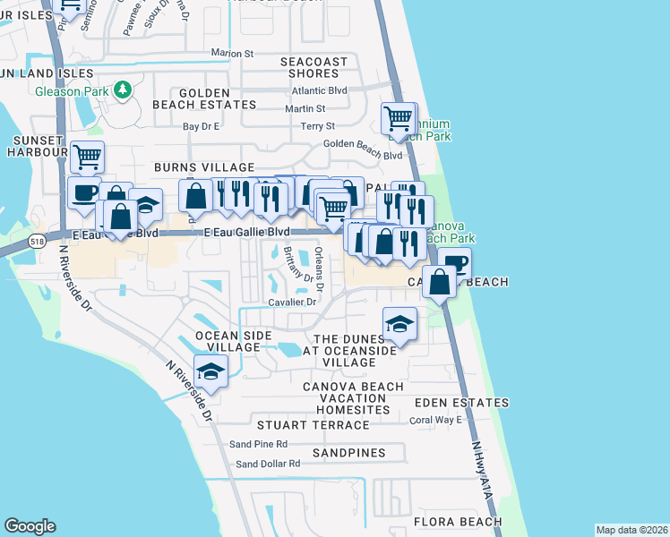 map of restaurants, bars, coffee shops, grocery stores, and more near 64 Pinafore Place in Indialantic