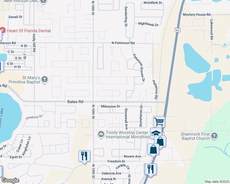 map of restaurants, bars, coffee shops, grocery stores, and more near 232 Tower View Drive East in Haines City
