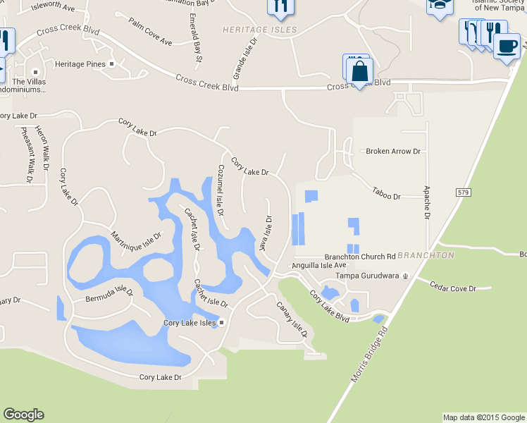 map of restaurants, bars, coffee shops, grocery stores, and more near 18001 Malakai Isle Drive in Tampa