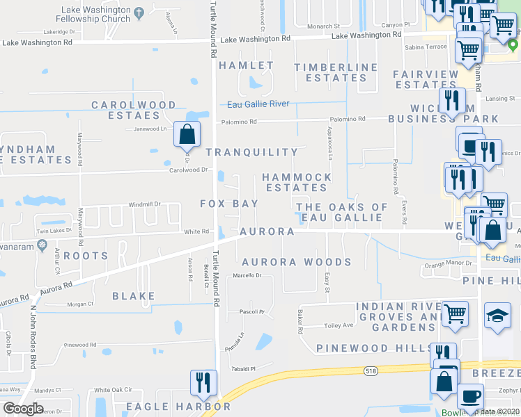 map of restaurants, bars, coffee shops, grocery stores, and more near 1833 Oakwood Trail in Melbourne