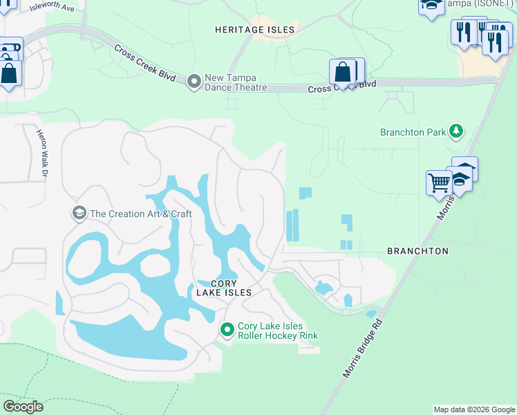 map of restaurants, bars, coffee shops, grocery stores, and more near 18001 Malakai Isle Drive in Tampa