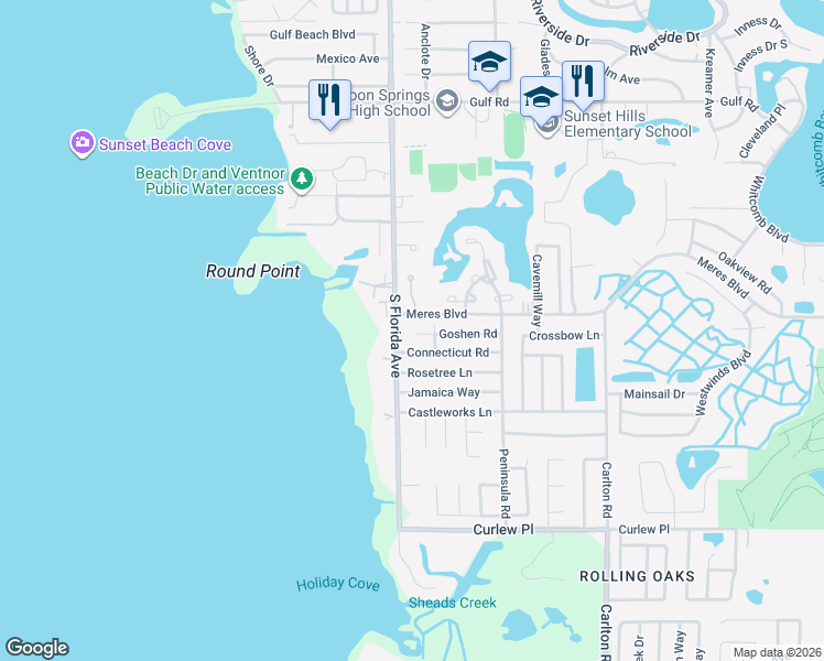 map of restaurants, bars, coffee shops, grocery stores, and more near 1108 Goshen Road in Tarpon Springs
