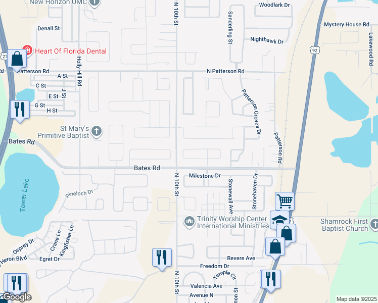 map of restaurants, bars, coffee shops, grocery stores, and more near 254 Towerview Drive West in Haines City