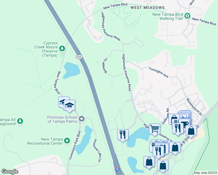 map of restaurants, bars, coffee shops, grocery stores, and more near 18306 Weyburne Avenue in Tampa