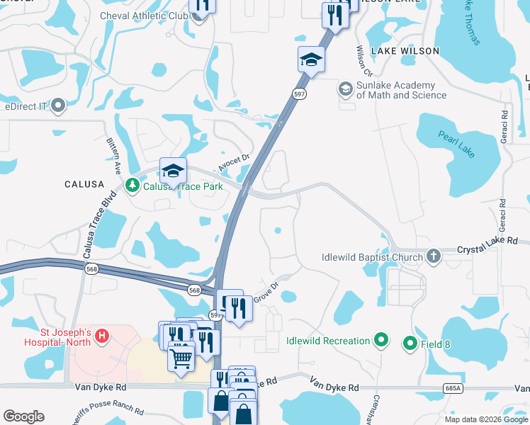 map of restaurants, bars, coffee shops, grocery stores, and more near 18232 Leafmore Street in Lutz