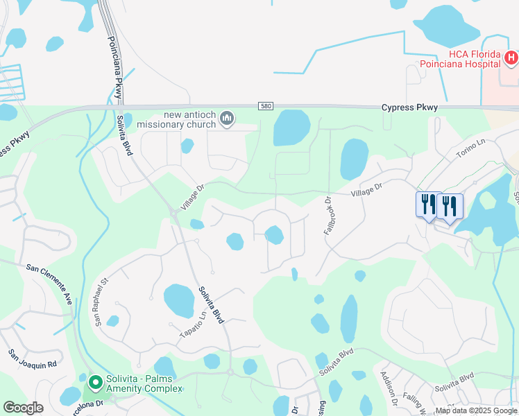 map of restaurants, bars, coffee shops, grocery stores, and more near 4411 Via Roma Street in Poinciana