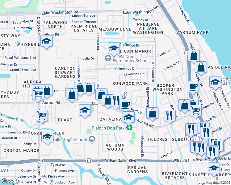 map of restaurants, bars, coffee shops, grocery stores, and more near 172 San Juan Circle in Melbourne