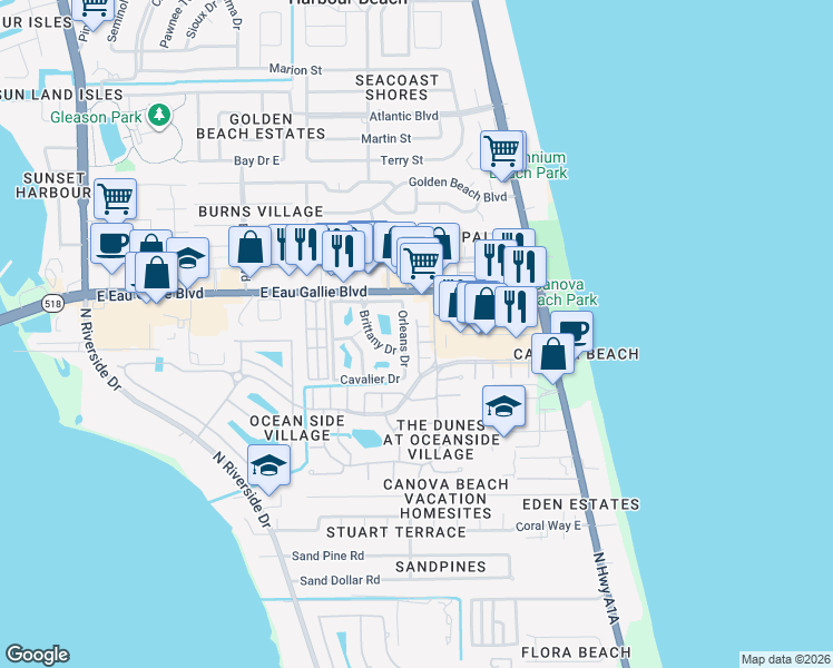map of restaurants, bars, coffee shops, grocery stores, and more near 3418 Cutty Sark Way in Indialantic