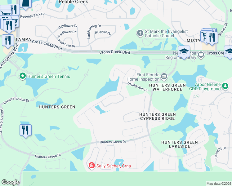 map of restaurants, bars, coffee shops, grocery stores, and more near 9160 Highland Ridge Way in Tampa