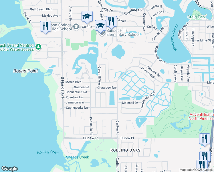 map of restaurants, bars, coffee shops, grocery stores, and more near 1302 Crossbow Lane in Tarpon Springs