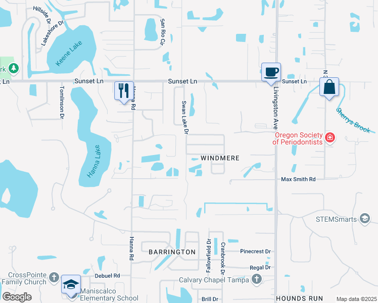 map of restaurants, bars, coffee shops, grocery stores, and more near 2302 Gnarled Oak Avenue in Lutz