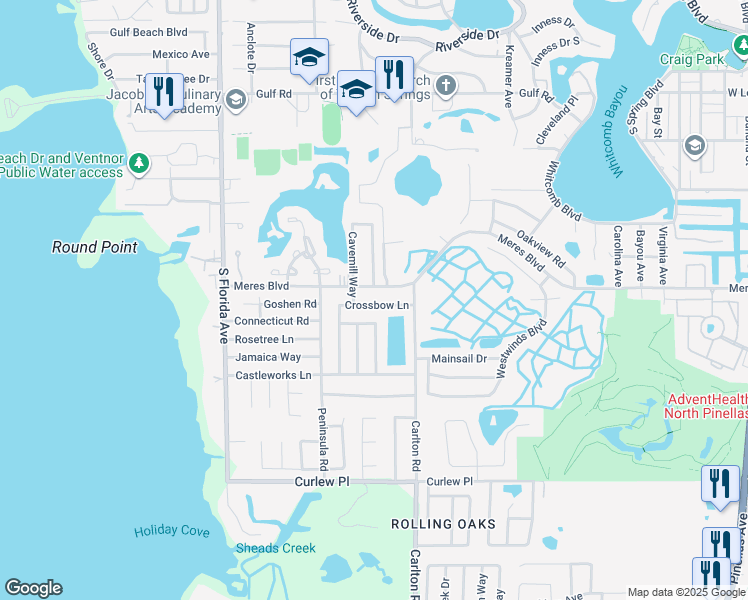map of restaurants, bars, coffee shops, grocery stores, and more near 1304 Crossbow Lane in Tarpon Springs