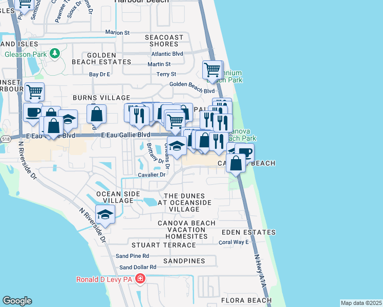 map of restaurants, bars, coffee shops, grocery stores, and more near 971 East Eau Gallie Boulevard in Melbourne
