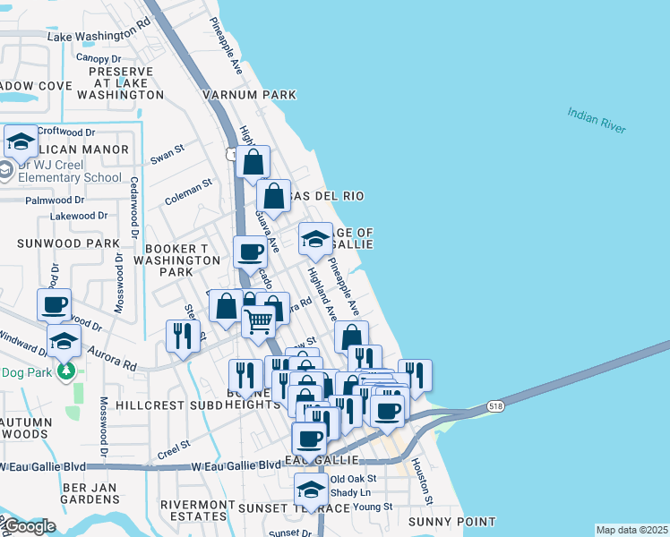 map of restaurants, bars, coffee shops, grocery stores, and more near 1852 Pineapple Avenue in Melbourne