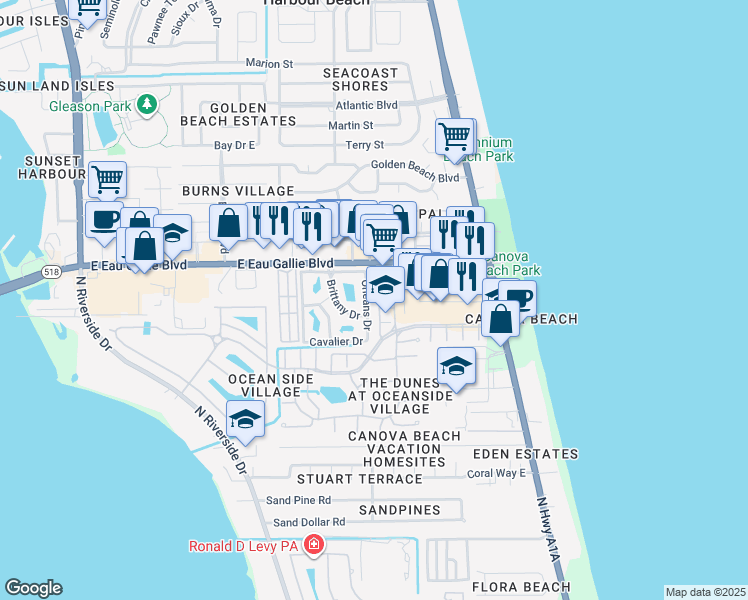 map of restaurants, bars, coffee shops, grocery stores, and more near 3418 Cutty Sark Way in Indialantic