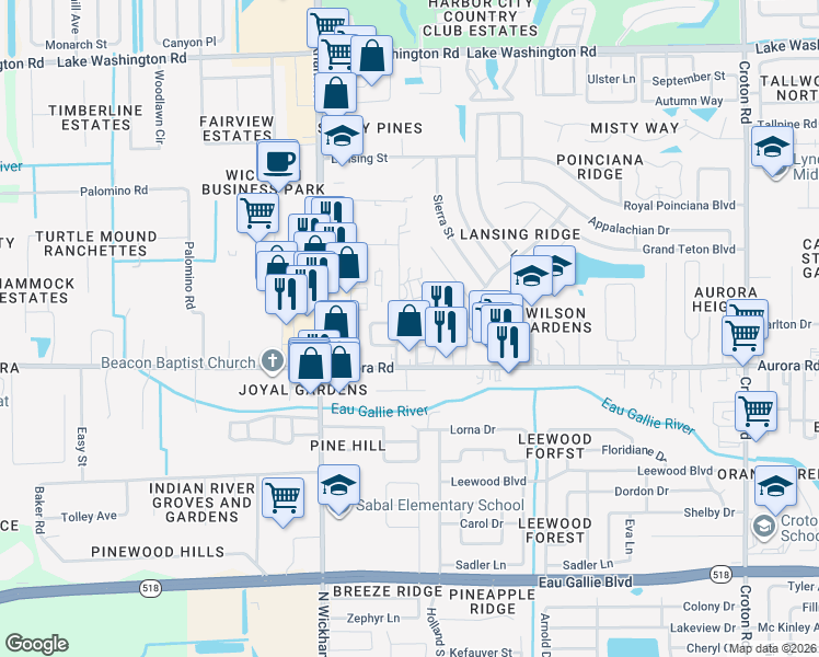 map of restaurants, bars, coffee shops, grocery stores, and more near 1841 Temple Terrace in Melbourne