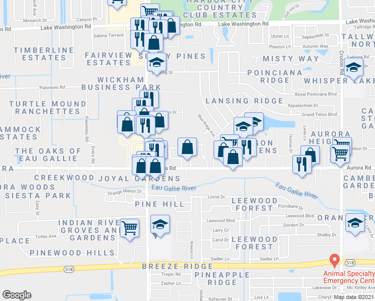 map of restaurants, bars, coffee shops, grocery stores, and more near 433 Vickers Dr in Melbourne