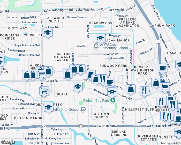 map of restaurants, bars, coffee shops, grocery stores, and more near 237 San Juan Circle in Melbourne