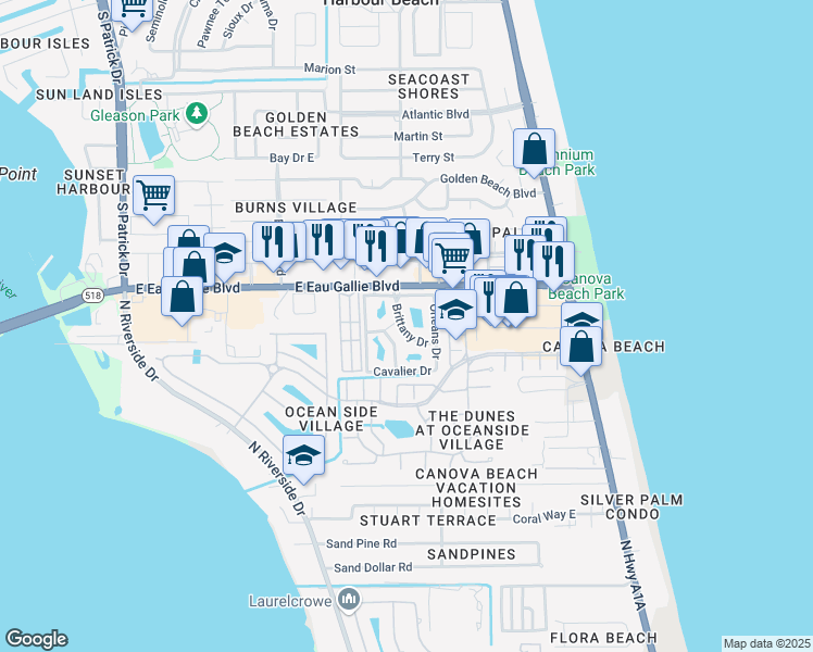 map of restaurants, bars, coffee shops, grocery stores, and more near 1899 Brittany Drive in Melbourne