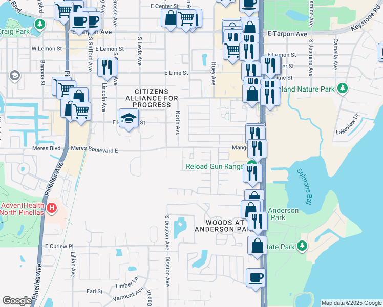 map of restaurants, bars, coffee shops, grocery stores, and more near Mango Loop in Tarpon Springs