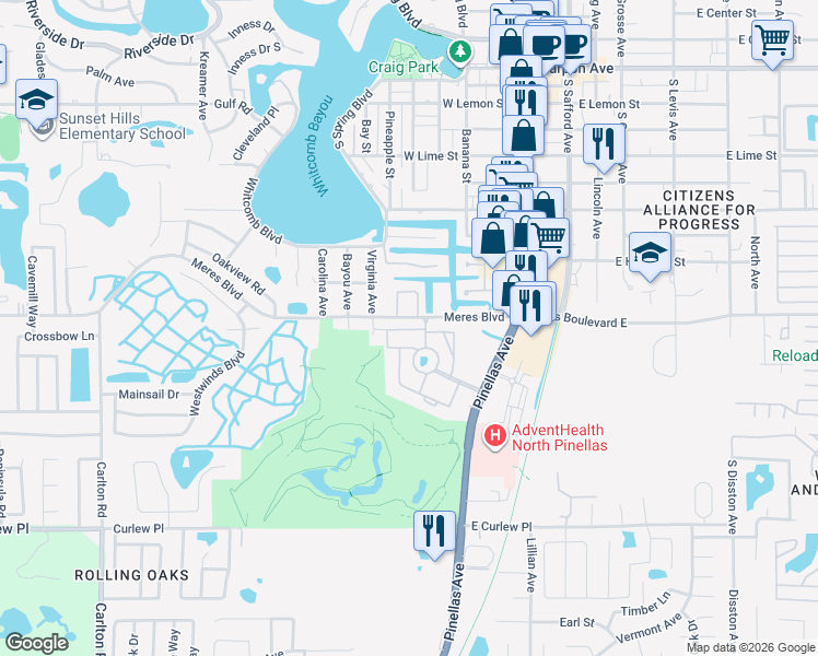 map of restaurants, bars, coffee shops, grocery stores, and more near 3206 Green Dolphin Street in Tarpon Springs