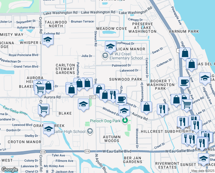 map of restaurants, bars, coffee shops, grocery stores, and more near 178 San Juan Circle in Melbourne