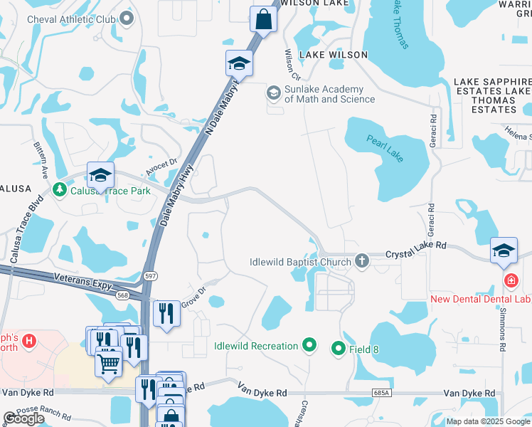 map of restaurants, bars, coffee shops, grocery stores, and more near 18440 Exciting Idlewild Boulevard in Lutz