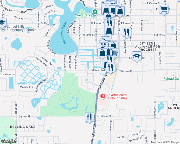 map of restaurants, bars, coffee shops, grocery stores, and more near 1250 South Pinellas Avenue in Tarpon Springs