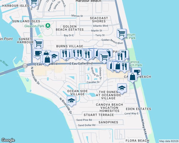 map of restaurants, bars, coffee shops, grocery stores, and more near 1899 Brittany Drive in Melbourne