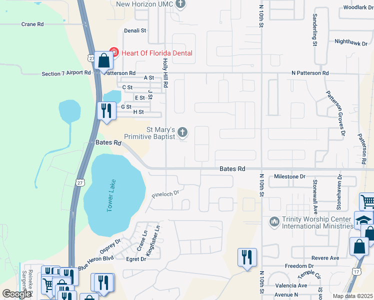 map of restaurants, bars, coffee shops, grocery stores, and more near 1010 Bates Road in Haines City