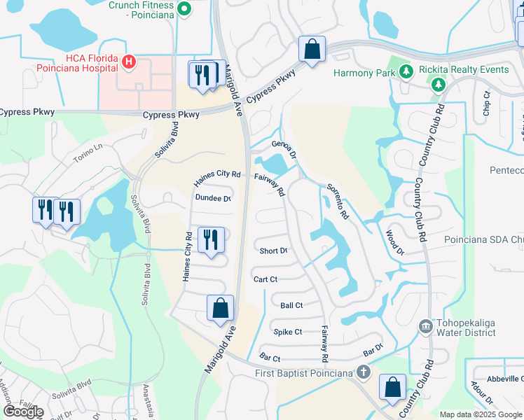 map of restaurants, bars, coffee shops, grocery stores, and more near 414 Long Drive in Kissimmee