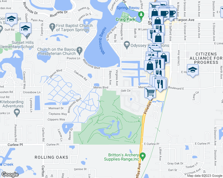 map of restaurants, bars, coffee shops, grocery stores, and more near 901 Bayou Avenue in Tarpon Springs