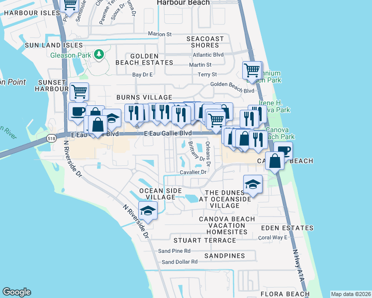 map of restaurants, bars, coffee shops, grocery stores, and more near 650 Island Club Drive in Melbourne