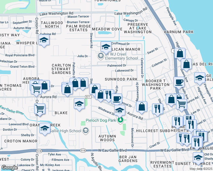 map of restaurants, bars, coffee shops, grocery stores, and more near 166 San Juan Circle in Melbourne